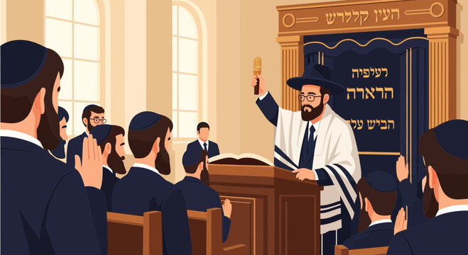 Rabbi Leads Congregation in Blessing at Synagogue with Hebrew Texts Visible