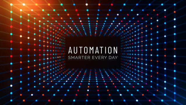 Futuristic rectangular wireframe network tunnel displaying the message Automation Smarter Every Day with glowing blue, red and orange lights, depth of field and modern technology concept.