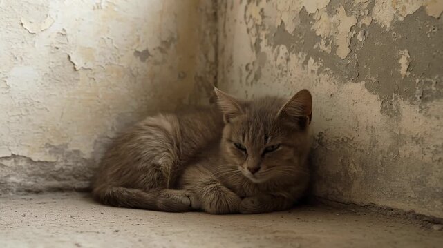 Adorable homeless gray kitten sleeping in a dirty corner, slowly waking up and looking around with curiosity, symbolizing the vulnerability of stray animals and the need for shelter
