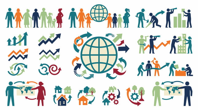 Community development and global population icons with growth charts and maps.