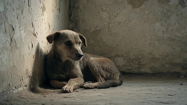 Sad and lonely stray puppy lying down on a concrete floor in the corner of an abandoned building, looking scared and waiting for help in a beam of light from a window