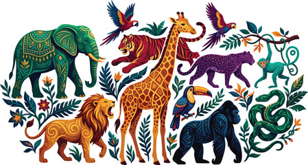 Fototapeta premium Wild Jungle Animals Vector Set with Elephant Lion Giraffe Tiger and Gorilla Decorated with Intricate Mandala Patterns for Exotic Rainforest Nature Design Layouts