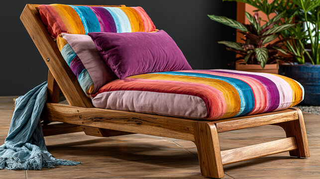 Comfortable wooden lounger with colorful striped textiles colorful furniture