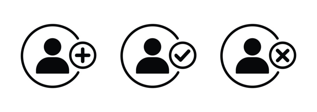 User Icon Set: Simple pictograms representing add, check, and cross icons. user profile symbol, account management, social media icon.