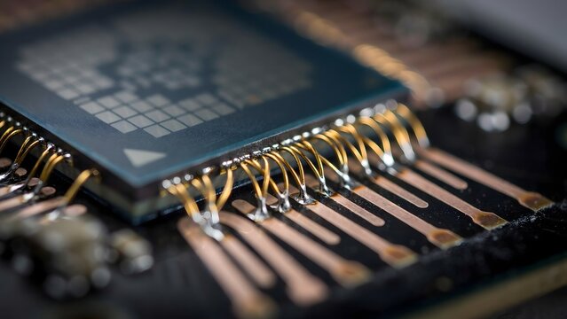 Microchip with electronic components and circuit board, close-up view
