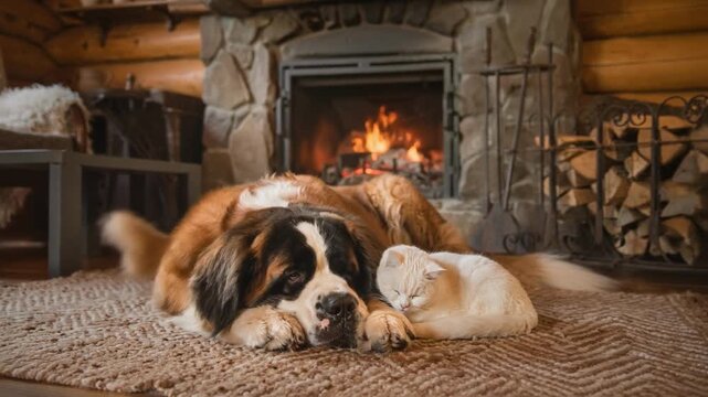 Large Saint Bernard dog and white cat peacefully resting together on cozy soft blanket at home