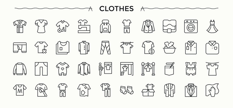 Clothes icon set in linear style. Sign and Symbol. Apparel icon set. Containing outfit, fashion, wear, apparel, outerwear, suit and more.