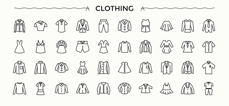 Clothing icon set. Related to garment, shirt, cloth, apparel, clothes, fashion and more. Clothes icon set. Web icons pack. Editable vector art.