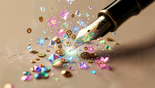 Extreme macro shot of a pen nib where ink transforms into a glowing, complex ecosystem of shapes and gears, symbolizing the dynamic, non-linear processing of dyslexia.
