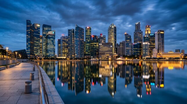 Singapore skyline at night and Marina Bay waterfront promenade with colorful light reflections