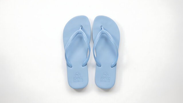 Top view of casual blue summer flip flop sandals on white floor with footwear