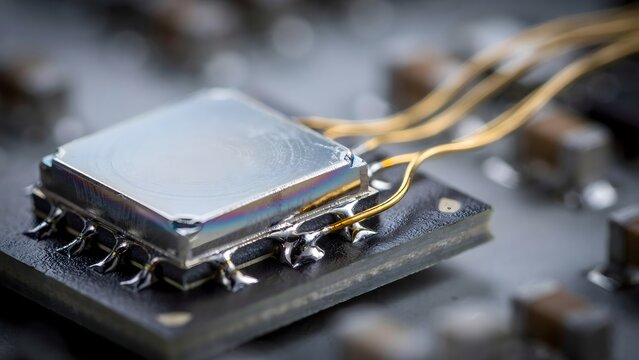 Close-up of a computer microprocessor mounted on a circuit board with electronic components