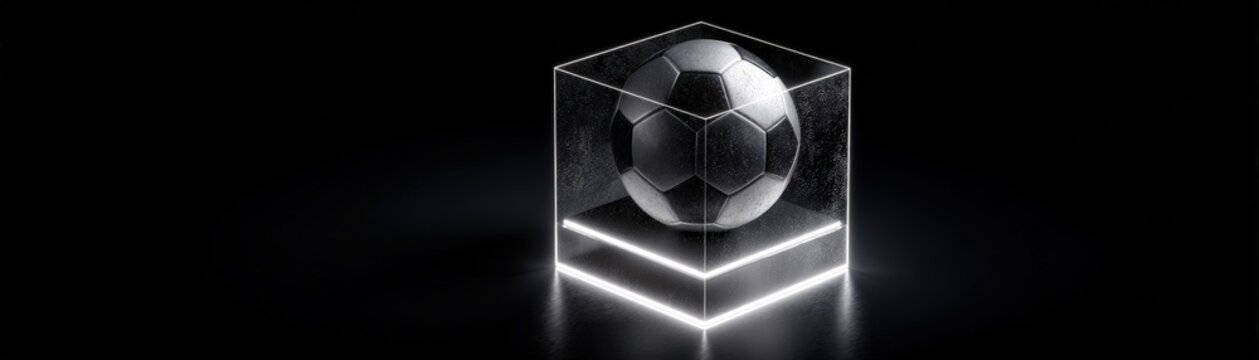 A glowing soccer ball encased in a transparent, illuminated cube against a dark background, goals achieved, football world cup banner