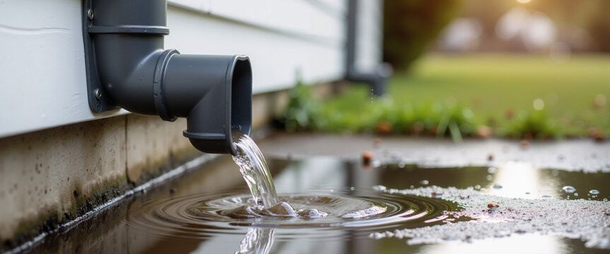 Rain water flowing from gutter downspout into puddle on sidewalk for spring storm weather and home maintenance