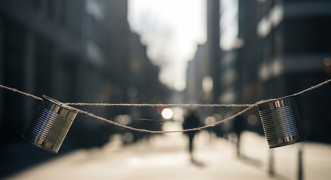 Tin can telephone hanging on a string outdoors in a city setting