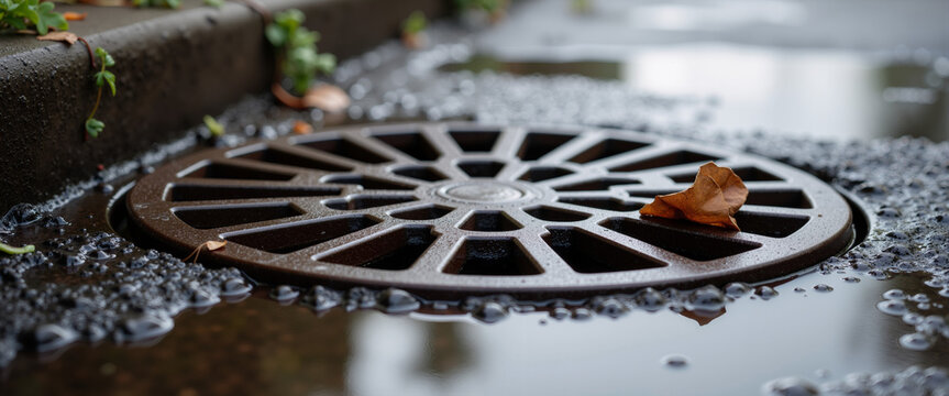 Rain water running down metal storm drain grate on street for spring flooding and urban infrastructure articles