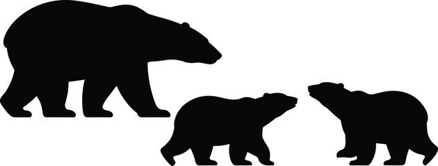 Silhouette of a mother bear and two cubs walking on a white background Keywords: bear, cub, mother bear, animal, wildlife, silhouette, black and white, mammal, ursidae © Vectorplanet