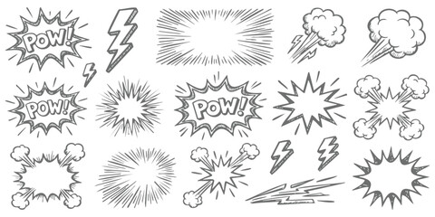 Set of hand drawn comic book speech bubbles and explosion elements for action scenes and graphic design © GraphixEra