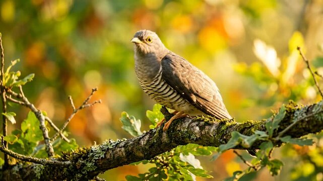 cuckoo bird on tree branches in english countryside golden light close up video
