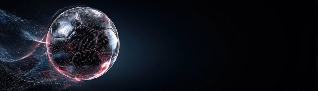 A digitally rendered soccer ball made of glowing particles is moving swiftly against a dark background, a futuristic and dynamic effect, goals achieved, football world cup banner