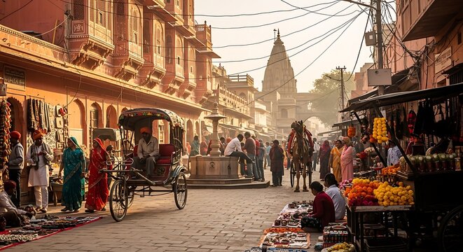 Traditional Indian street market with rickshaw and temple in Jaipur