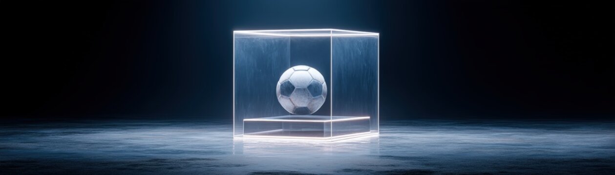 A soccer ball is showcased inside a glowing transparent cube on a smooth surface with a dark, misty background, goals achieved, football world cup banner