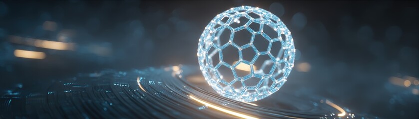 Naklejka premium A football made of interconnected luminous hexagons, hovering above a cybernetic world map, futuristic championship celebration, glowing energy rings, ultra modern sports concept, goals achieved 