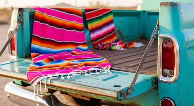 Colorful bright Mexican serape blanket draped on the open tailgate of a vintage turquoise pickup truck. Retro rustic road trip, southwestern boho style and summer desert adventure background