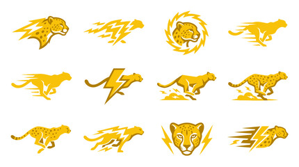 Abstract yellow cheetah silhouettes and lightning bolt icon collection. © Muh