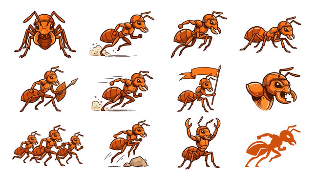 Action and combat ant mascot character poses.