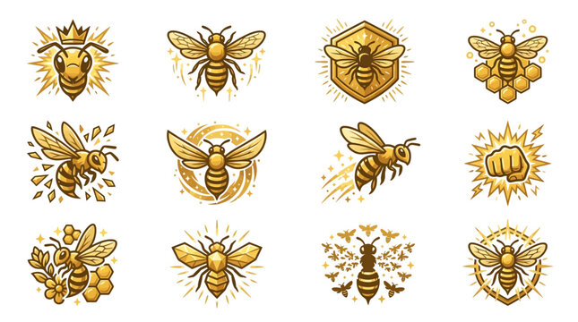 Aggressive golden bee mascot and insect logo icons.