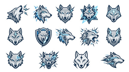 Aggressive wolf head and shield mascot logo set. © Muh