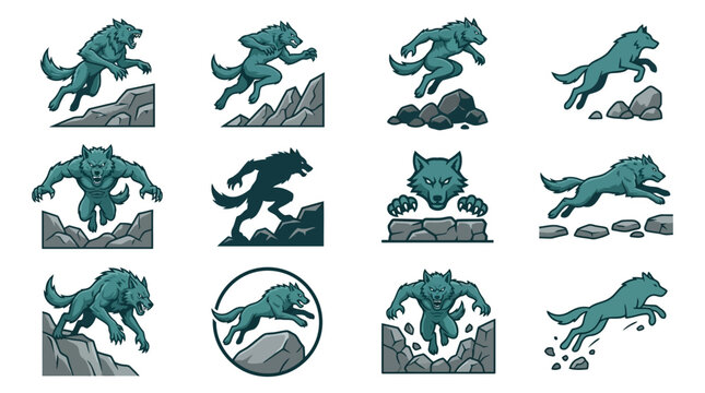 Aggressive werewolf monster climbing and jumping icon set.