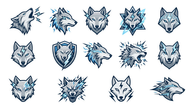 Aggressive wolf head and shield mascot logo set.