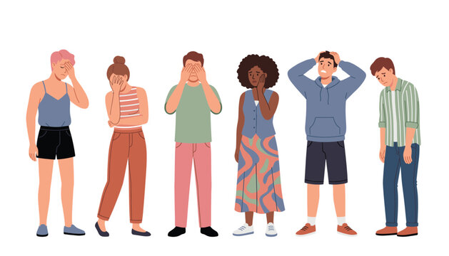Stressed diverse people character group vector illustration set. Featuring sad men, anxious women, crying figures, and depressed youth isolated on transparent background.