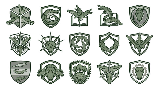 Assorted geometric badges with diverse crocodile head illustrations.