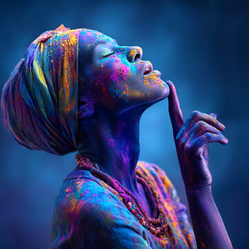Woman covered in colored powder holding finger to lips with portrait festival expression