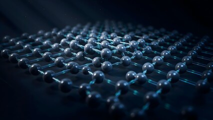 Fototapeta premium Close-up of Blue Metallic Atomic Structure with Connected Spheres in Dark Environment