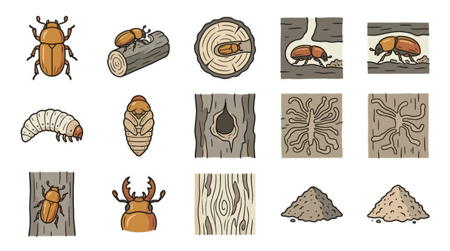 Bark beetle life cycle and tree damage illustration set.