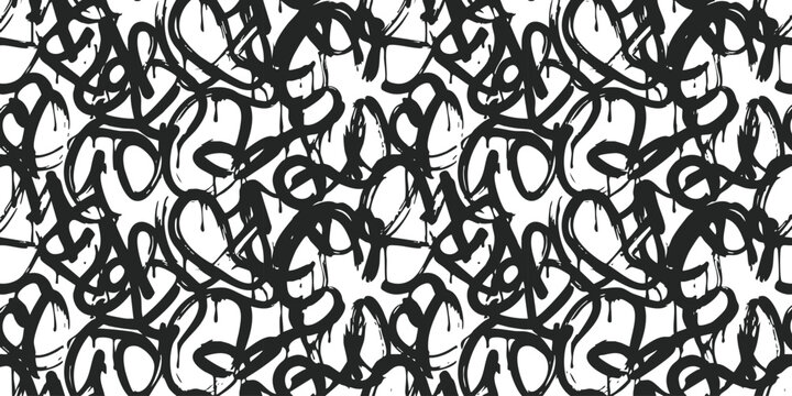 Black and white graffiti tags pattern with messy drip ink lines and chaotic street art style urban texture