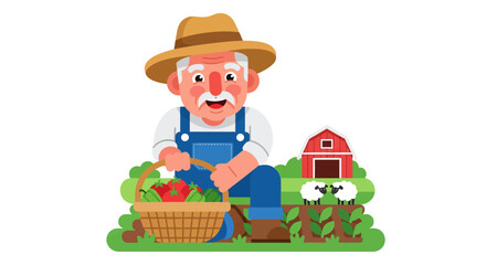 Fototapeta premium Cartoon illustration of a happy old farmer in a field with a basket of fresh vegetables, a red barn, and a sheep in the background.