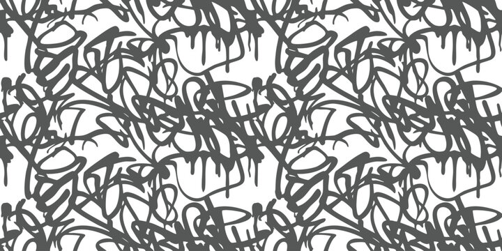Black and white seamless pattern with abstract messy hand drawn graffiti tags and drips for urban design style