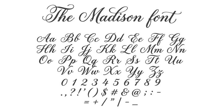 The Madison elegant script font alphabet with uppercase and lowercase letters numbers and punctuation marks
