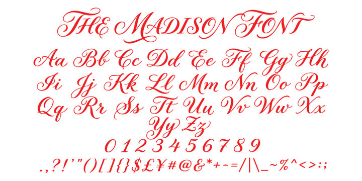 The Madison font alphabet letters and numbers with a decorative elegant red cursive script style for design