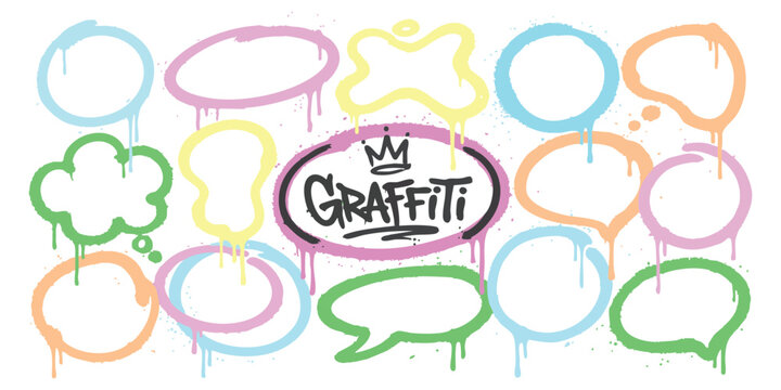 Set of colorful graffiti speech bubbles and thought clouds with paint drips for urban street art designs
