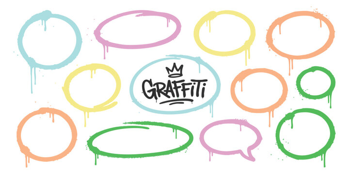 Set of colorful graffiti spray paint circles and bubbles with dripping ink effect for urban street art designs