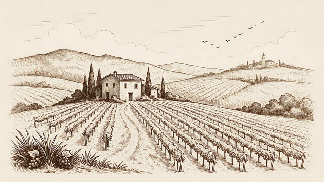 Ink sketch illustration of a picturesque vineyard estate in tuscany