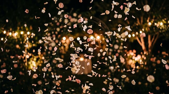 Falling rose petals with bokeh string lights at night