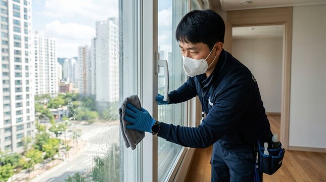 A man wearing a mask while cleaning a window.