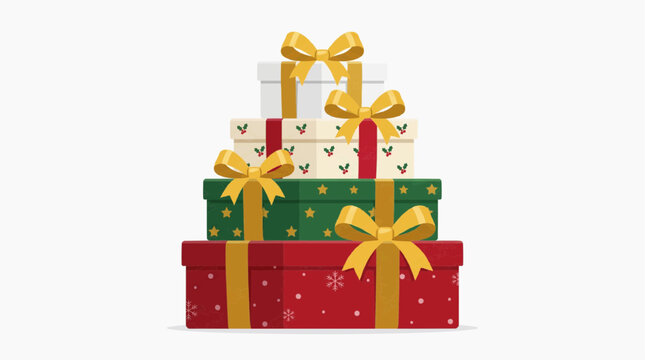 Christmas Gift Stack: A festive stack of beautifully wrapped gift boxes, adorned with gold ribbon and bows, conveying holiday cheer and the spirit of giving.